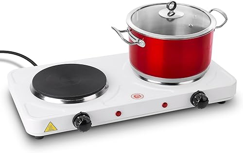 Encimera eléctrica doble quemador, placa de cocina de 2000 W con placa caliente de hierro fundido, control de temperatura de 5 niveles, fácil de