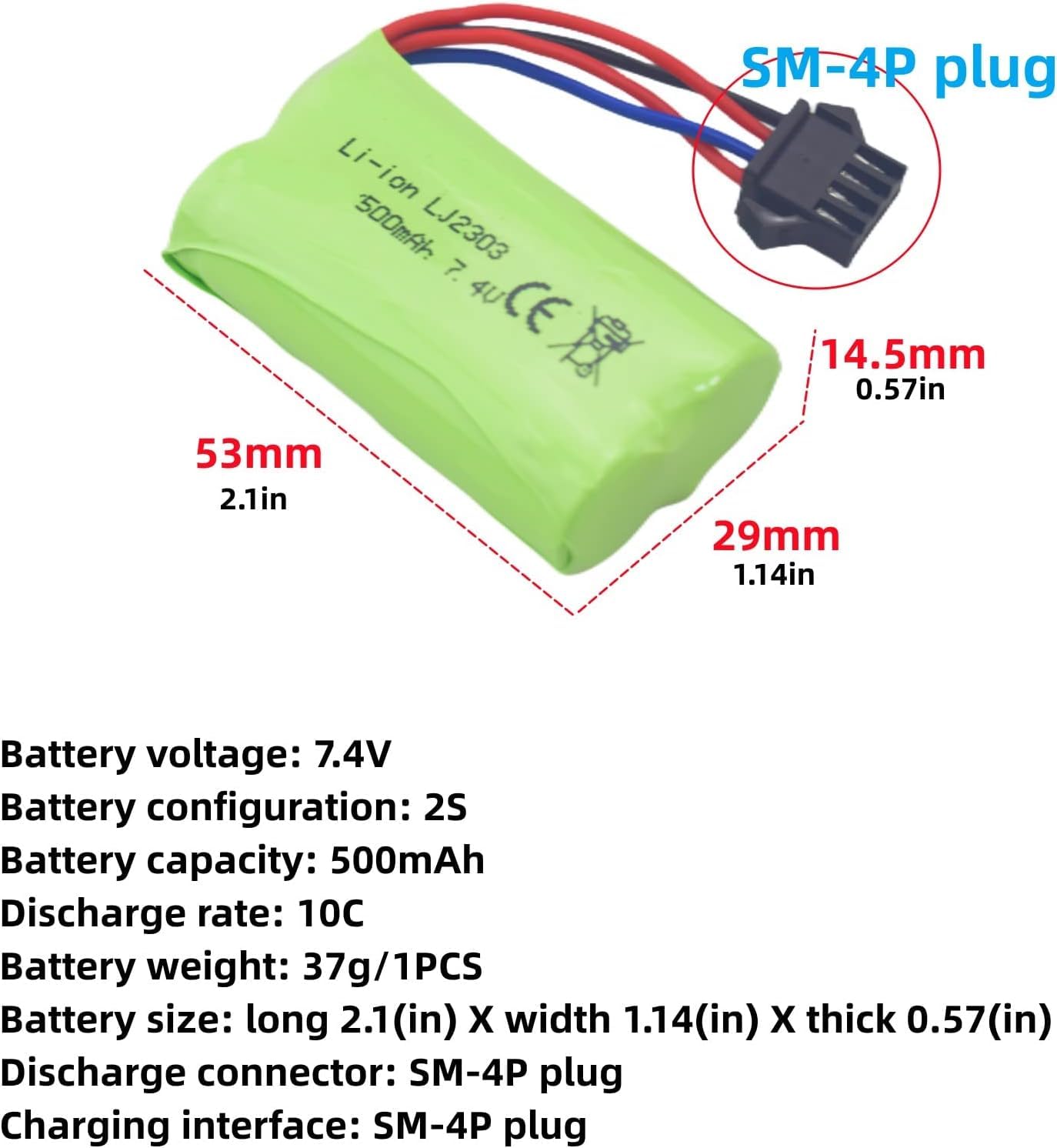 2 Batterie Ricaricabili 7.4V 500mAh SM-4P + 2 Cavi USB – Per Auto RC EC16 DE85, Blaster Gel M416 – Ricambio
