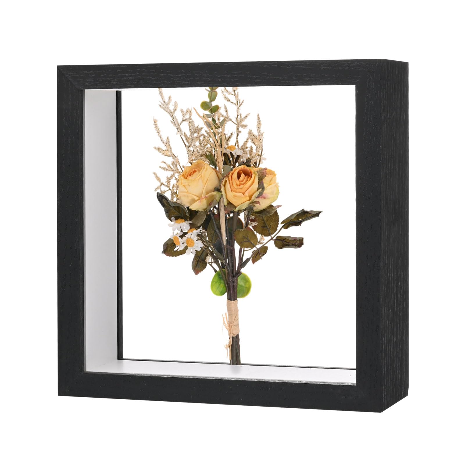 M METERXITY 1-Pack Dried Flower Frame, 6 x 6 Inch Double Acrylic Wooden Dried Flower Photo Floating Frame for Tabletop/DIY/Handicrafts [Black]