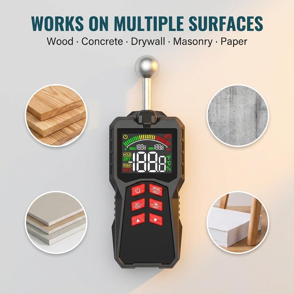 Medidor de humedad de pared Pinless con sensor de bola, LCD de color para