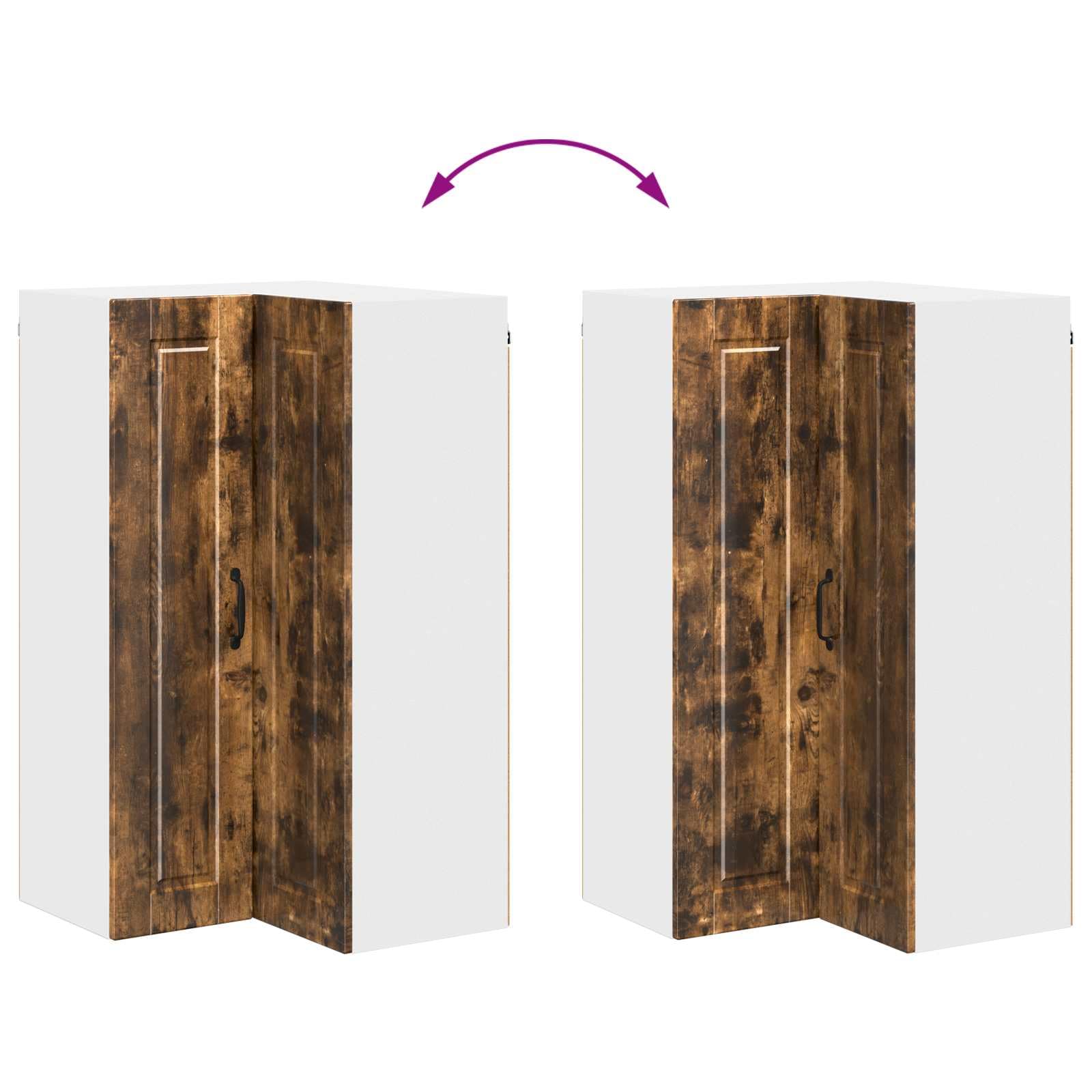 Armario esquinero Porto de madera de roble ahumado, 57 x 57 x 100 cm, 3 estantes, 2 puertas, armario colgante con espacio de almacenamiento para cocina, comedor, salón y pasillo