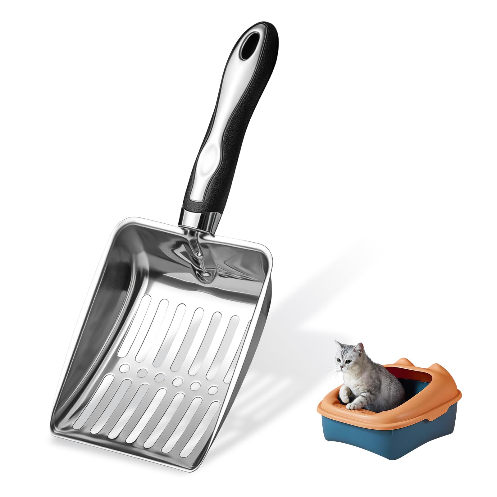 Nokwocy Katzenstreuschaufel, Katzenklo Schaufel Metall, Katzenstreu Schaufel mit Holzgriff, Porengröße Metall Katzenschaufel,katzenschaufel für katzenklo (Wooden) (Black) (Black)