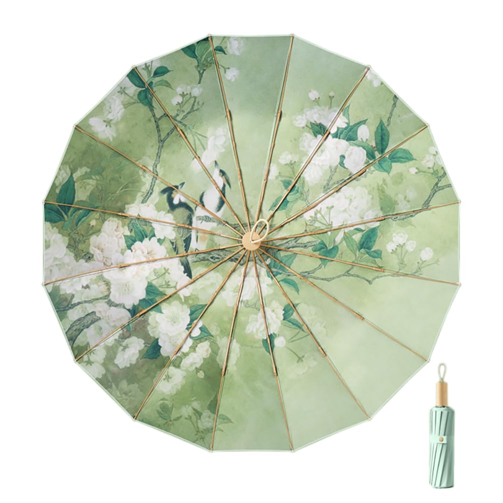 Maibar Women's Green Sun Umbrella Spf 50 3D Pattern Compact 16 Ribs Upf 50 Uv Protection Folding Umbrella For (1)