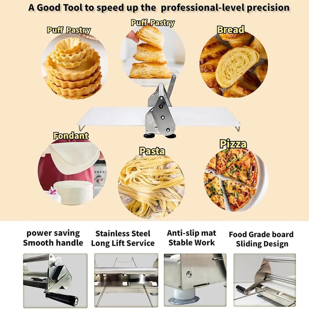 Laminadora de Masa Plegable Manual,Ajustable 0.5-25mm para Pasta Pizza Empanadas,Acero Inoxidable,Multifunción,Compacta para Cocinas Pequeñas y Uso en Hogar RS201