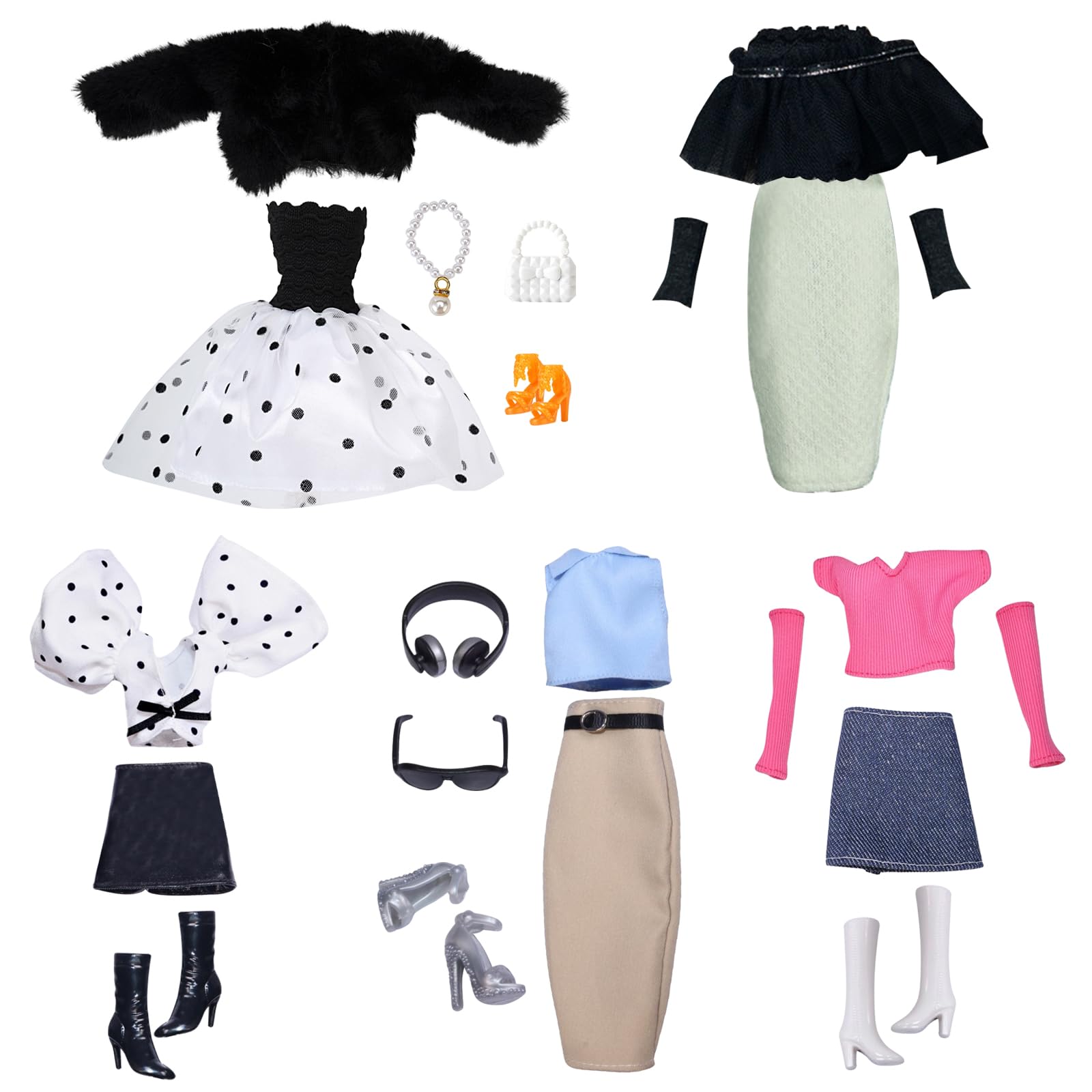 TYXHXTF 90 Pièces – 10 Robes, 30 Paires Chaussures, 20 Sacs, 30 Accessoires – Pour Poupée 11,5 Pouces
