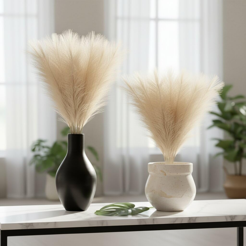 Pampas Grass Natural 17.7 Inch Beige Fluffy Stems, Decorative Reed Bouquet for Vase Decor, Boho Home Styling, Wedding Table Centerpiece Décor Set of 3 Pcs - Cream.-image-32