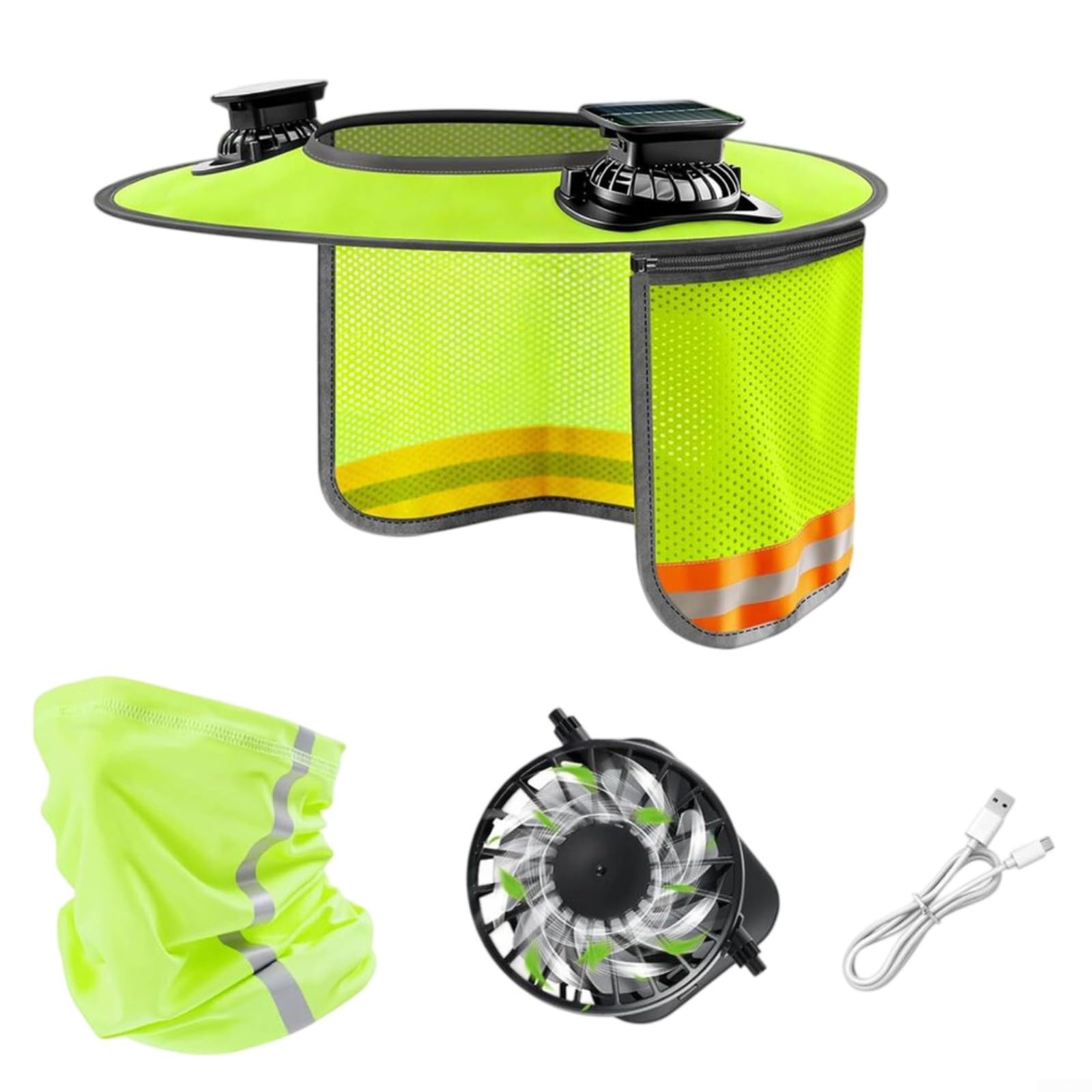 Parasol para casco duro con ventiladores solares duales, visera de ala completa con capa de malla desmontable y polaina para el cuello, accesorio de enfriamiento recargable por USB