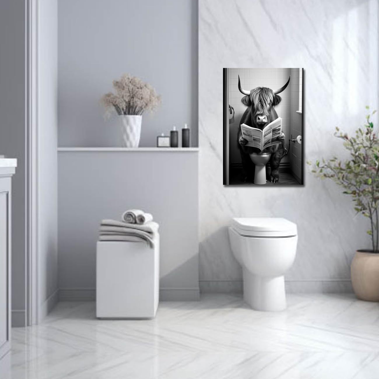 LZIMU Funny Bathroom Wall Decor Cute Highland Cow Sitting on Toilet Reading Newspaper Canvas Prints Black and White Animals Posters Framed (Bathroom-5 - Image 3