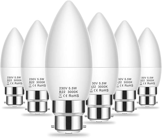 LOHAS B22 LED Candle Bulb Bayonet Cap, 500LM, 5.5W B22 Candle Light Bulb, 60W Incandescent Bulb Equivalent, Warm White 3000K, Non Dimmable, 180 Degree Beam Angle, 6 Pack