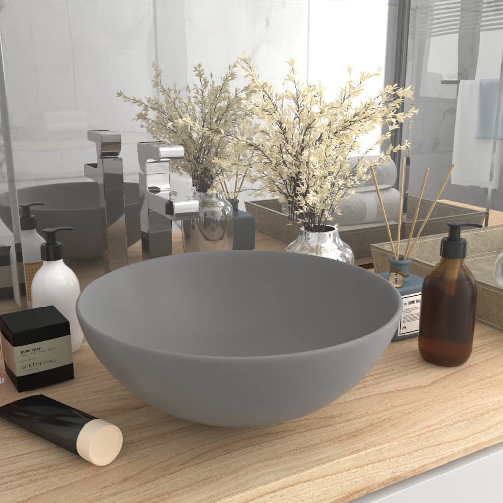HOMIUSE 28x28x10 cm Lavabo Colgante Lavabo Sobre Encimera con Desagüe Gris Claro Mate Lavabo Baño Lavabo de Lujo Redondo Cerámica Lavamanos Baño Lavabo Piedra Lavabo Suspendido
