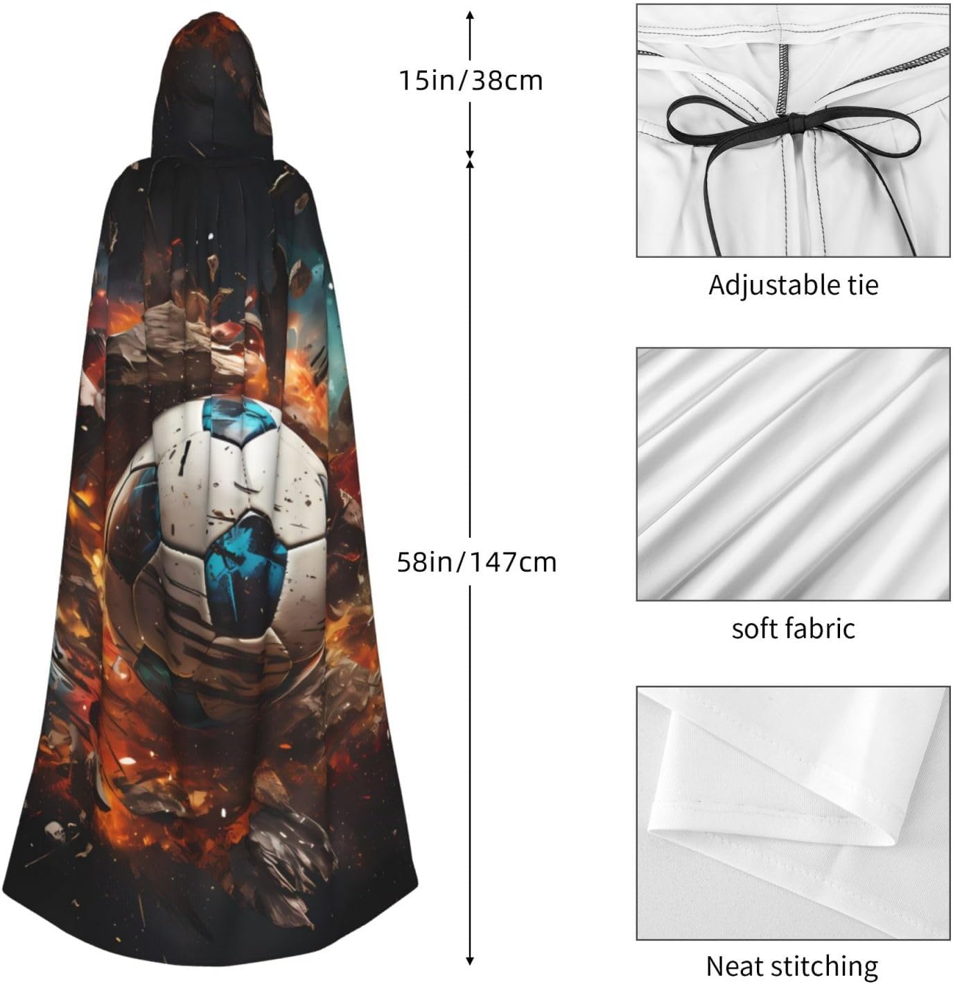 Unisex Full Length Hooded Halloween Christmas Party Robe Cloak Cape Cosplay Costume Men Women Firecracker Soccer Prints Black
