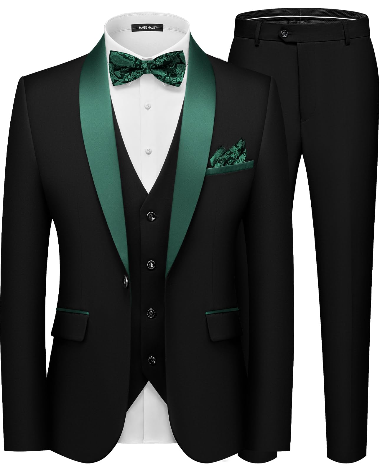 MAGE MALE Mens Slim Fit 3 Piece Suit Solid Shawl Lapel Blazer Jacket Vest Pants Set for Dinner