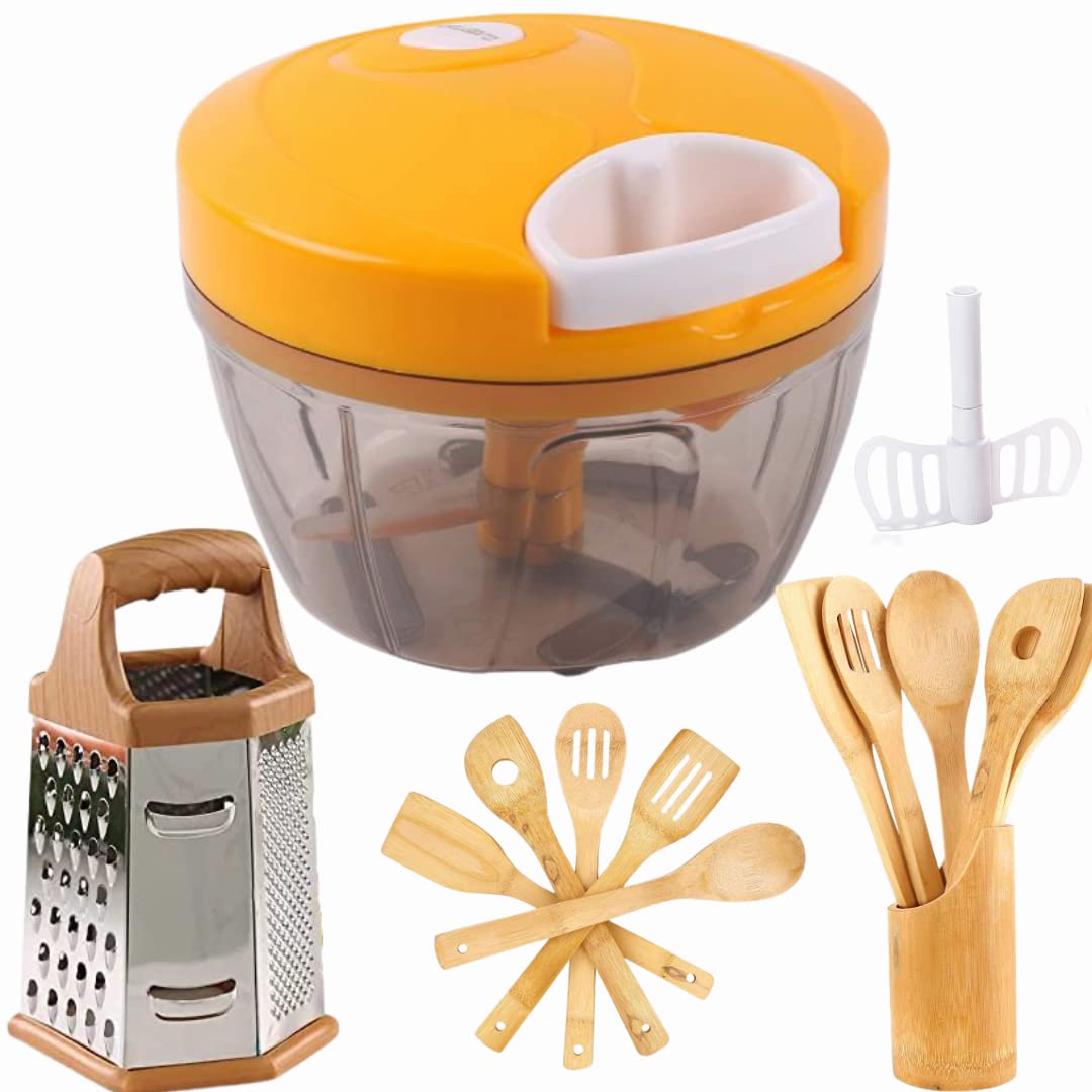 Kitchen Utensil Set - Manual Chopper, Bamboo Spoon Set and Box Grater
