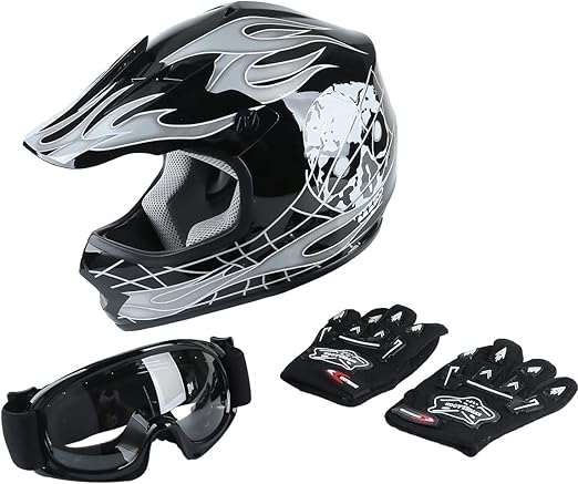 DOT Youth Kids Motocross Offroad Street Dirt Bike Helmet Youth Motorcycle ATV Helmet with Goggles Gloves Black Skull M