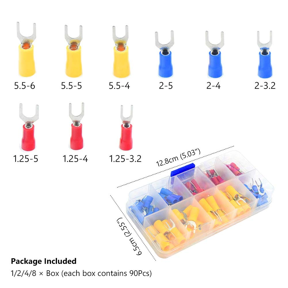 Gimax 90Pcs/ Box 9 In 1 Insulated Terminals Spade Ring Fork U-type Electrical Crimp Connector Tube Wire Connector Assortment Kit - (Color: SV 8box 720pcs)