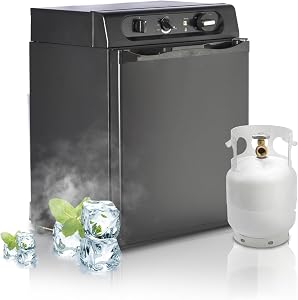 3 Way Propane RV Fridge for Camper, 1.4 Cu.Ft No Noise Compact Caravan fridge, 3 Way Gas Refrigerators 12 V/110V/LPG for Semi Truck, Van, Garage, Car, Apartment, Base Room, Garage, Black
