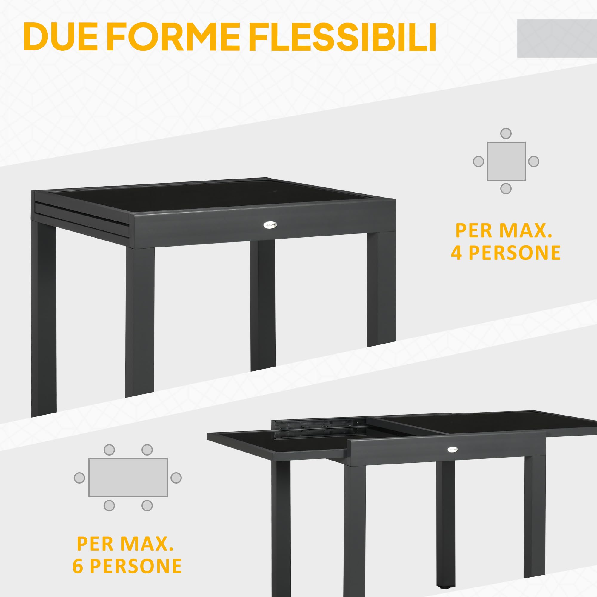 Outsunny Tavolo da Giardino Allungabile da 80/160x80x75 cm, Tavola da Pranzo Estensibile per 4-6 Persone Rettangolare in Alluminio con Piano in Vetro Temperato, Per Patio, Terrazzo, Balcone, Nero