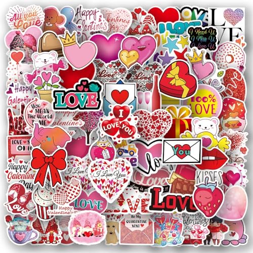 Pegatinas Valentín, 100 Piezas Scrapbooking Stickers Love, Pegatinas de Corazón San Valentín, Decoración Stickers Valentín, Vinyl, para Albumes de Recortes, Botellas y Sobres (A)