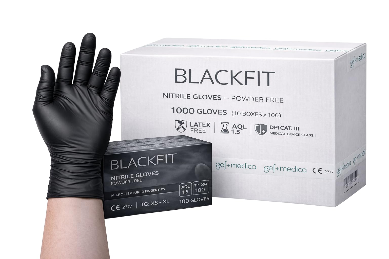 1000 Guanti in Nitrile Neri S BLACKFIT Senza Polvere, Guanti Monouso Ambidestri, AQL 1.5, DPI III Cat, Uso Professionale Alimentare Officina