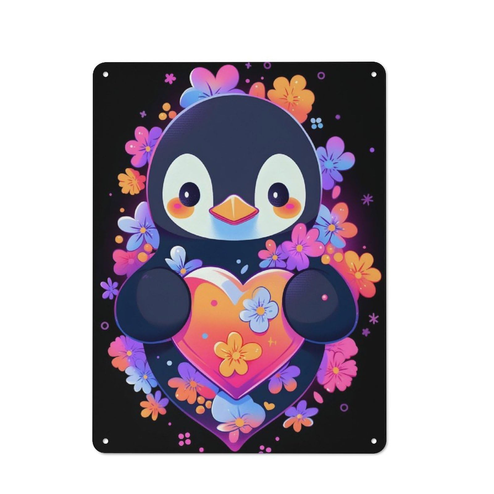 Junmoney Penguin Flowers And Hearts Rustic Decorative Tin Sign 40X30cm, Cottage Wall Art For Cottage, Kitchen, Hallway Or Breakfast Nook