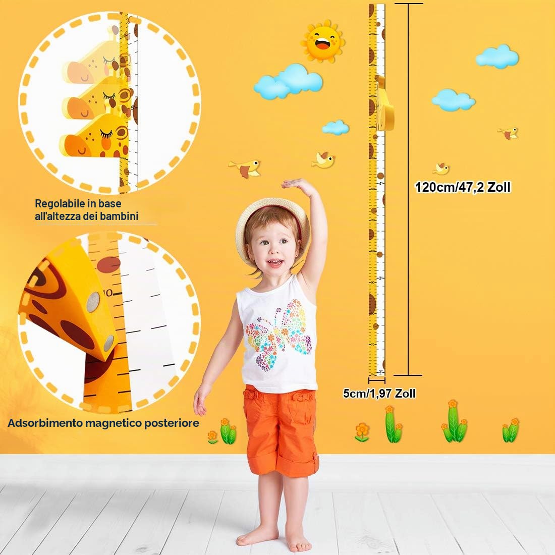 Altimetro per bambini 3D testa di giraffa mobile decalcomania da parete asilo