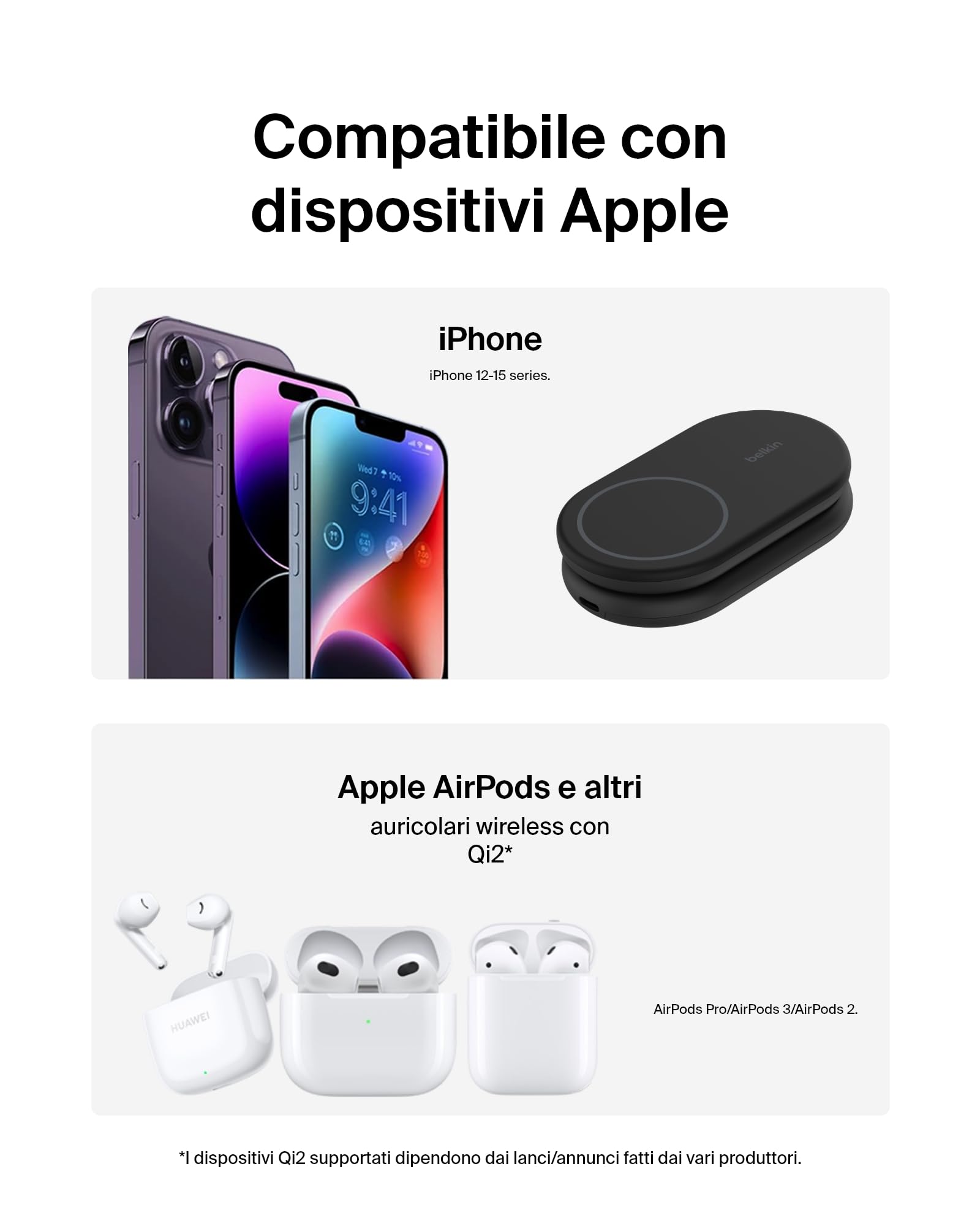 Belkin BoostCharge Caricabatteria magnetico pieghevole 2 in 1 con Qi2 15W, Caricatore wireless compatibile con MagSafe, ricarica rapida per Apple iPhone 17, iPhone Air, Pixelsnap, alimentatore - Nero