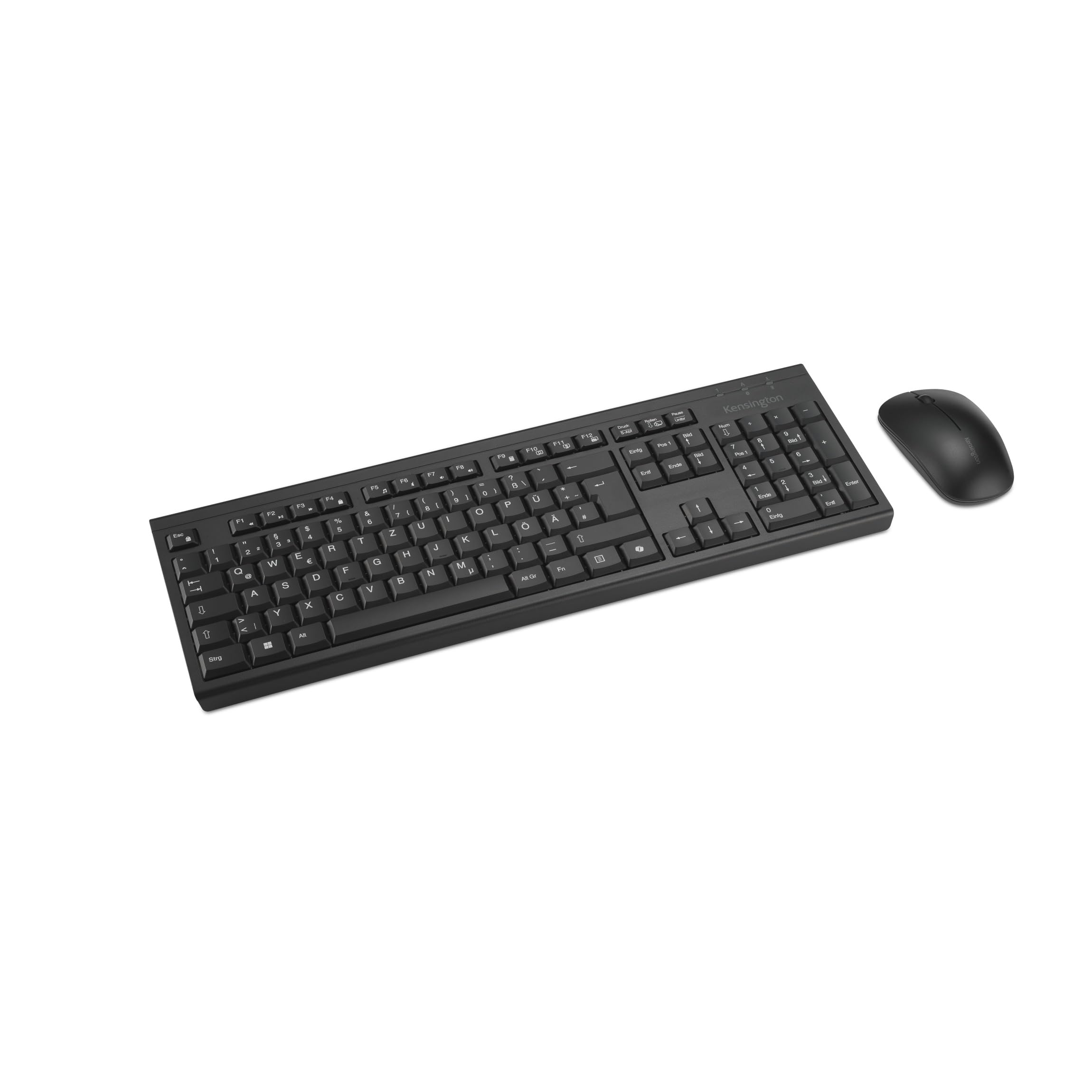 Kensington KM270 EQ Set Wiederaufladbare kabellose Full-Size Tastatur und beidhändige geräuschlose Maus für PC und Laptop, 2,4 GHz & BT 5.0, spritzwassergeschützt, QWERTZ ISO-Layout, Schwarz, K75560DE
