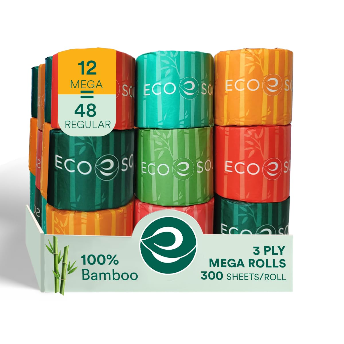 ECO SOUL Bamboo Toilet Paper 3 Ply 12 Mega Rolls= 48 Regular Rolls | Eco Friendly Septic Safe Organic Bath Tissues Sustainable Toilet Paper Compostable - FSC Certified