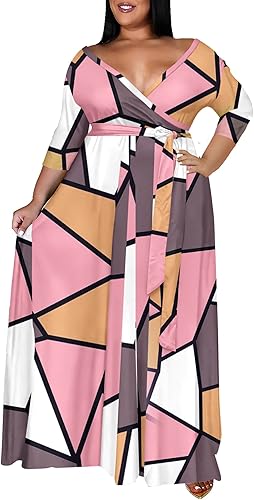 Miniatura 2 de Runwind Vestidos de talla grande para mujer, vestido largo floral, manga 34 con cinturón