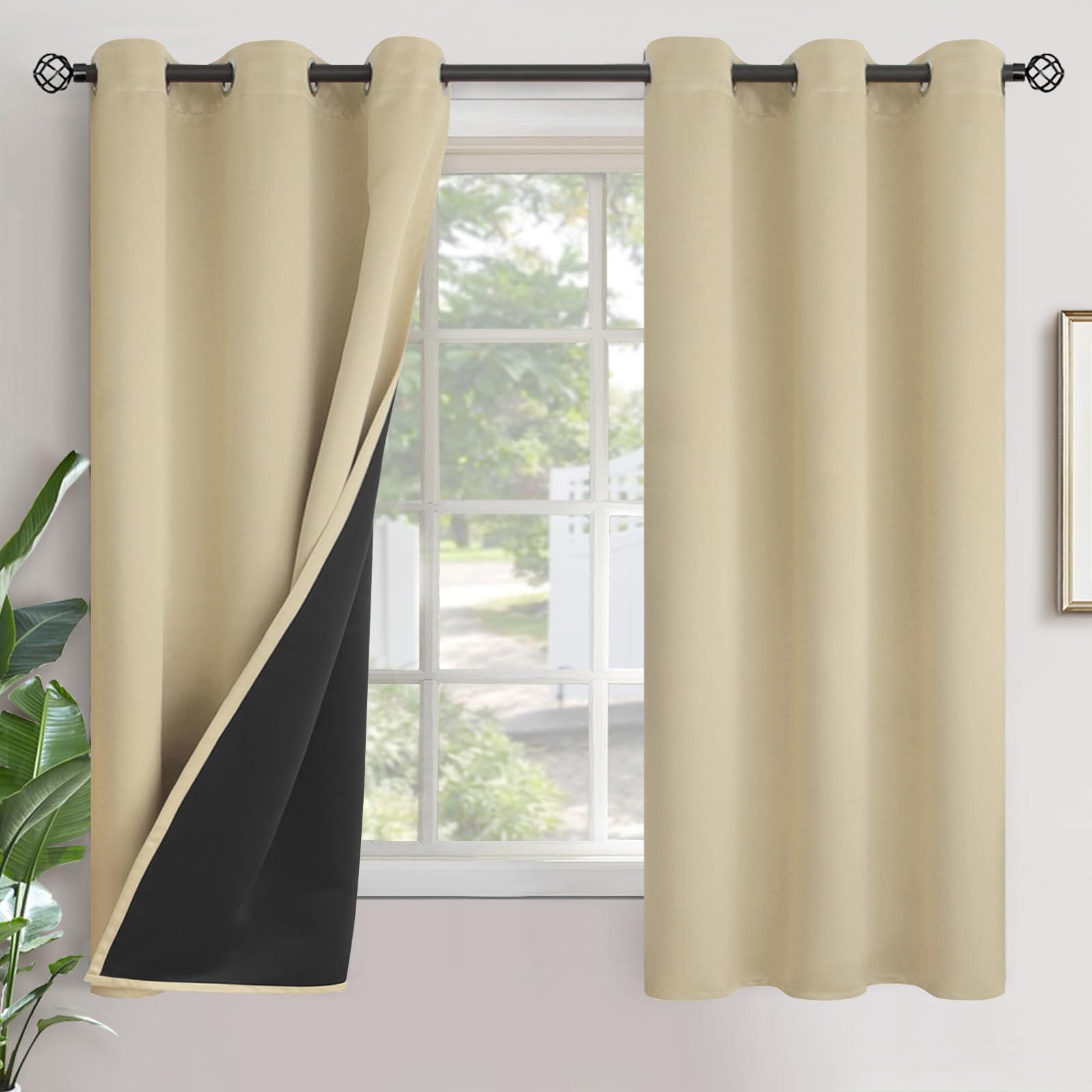 YoungsTex Beige 100% Blackout Curtains 63 Inch Length for Bedroom, Grommet Thermal Insulated Black Out Window Drapes for Living Room Windows with Black Backing, 2 Panels, 42 x 63 Inch