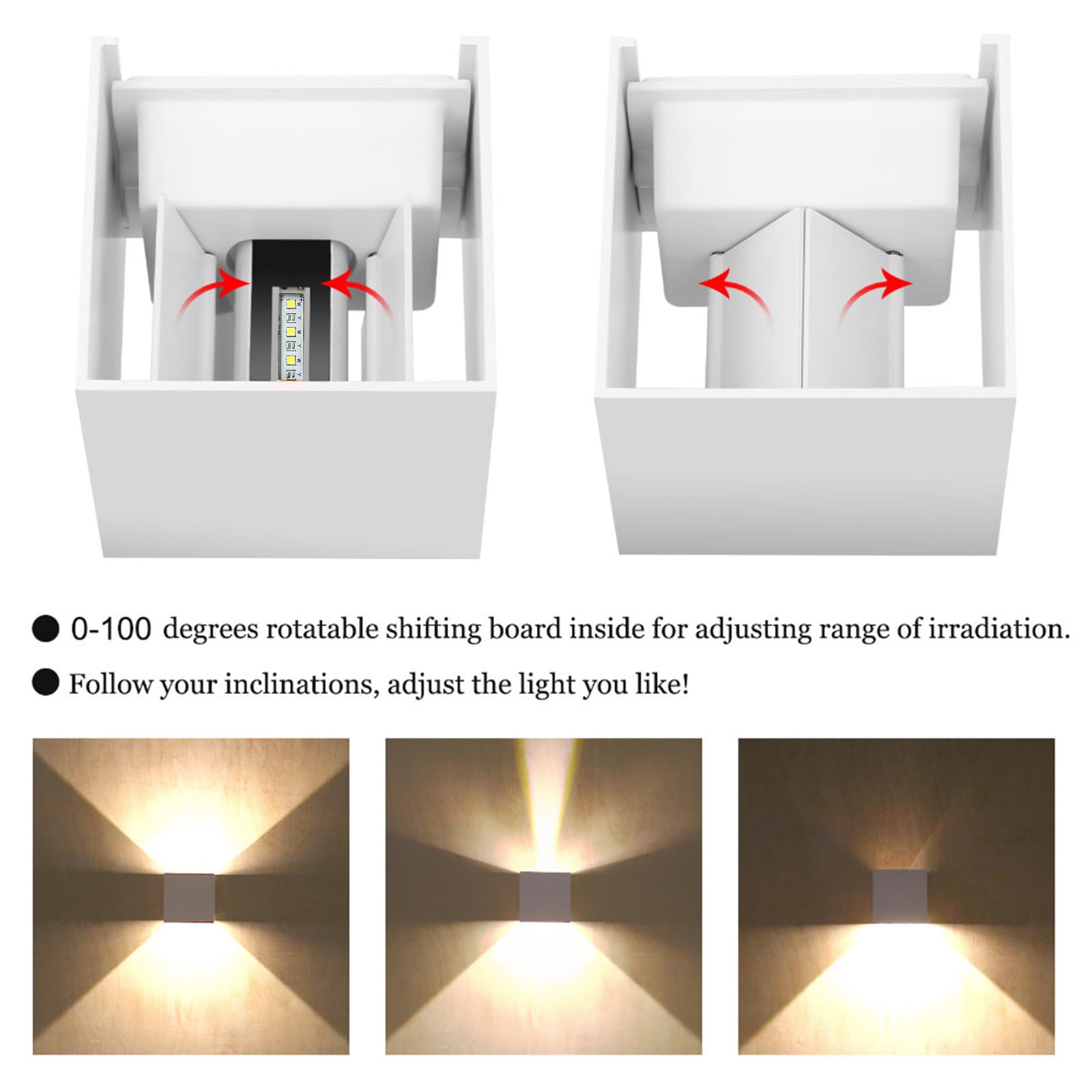 2 Pezzi LED Applique da Parete Moderno, 12W 3000K Luce Calda, Interno/Esterno MOKEKA IP65 Impermeabile, Alluminio Quadrata Con Angolo del Fascio Regolabile (Luce Calda-3000K)