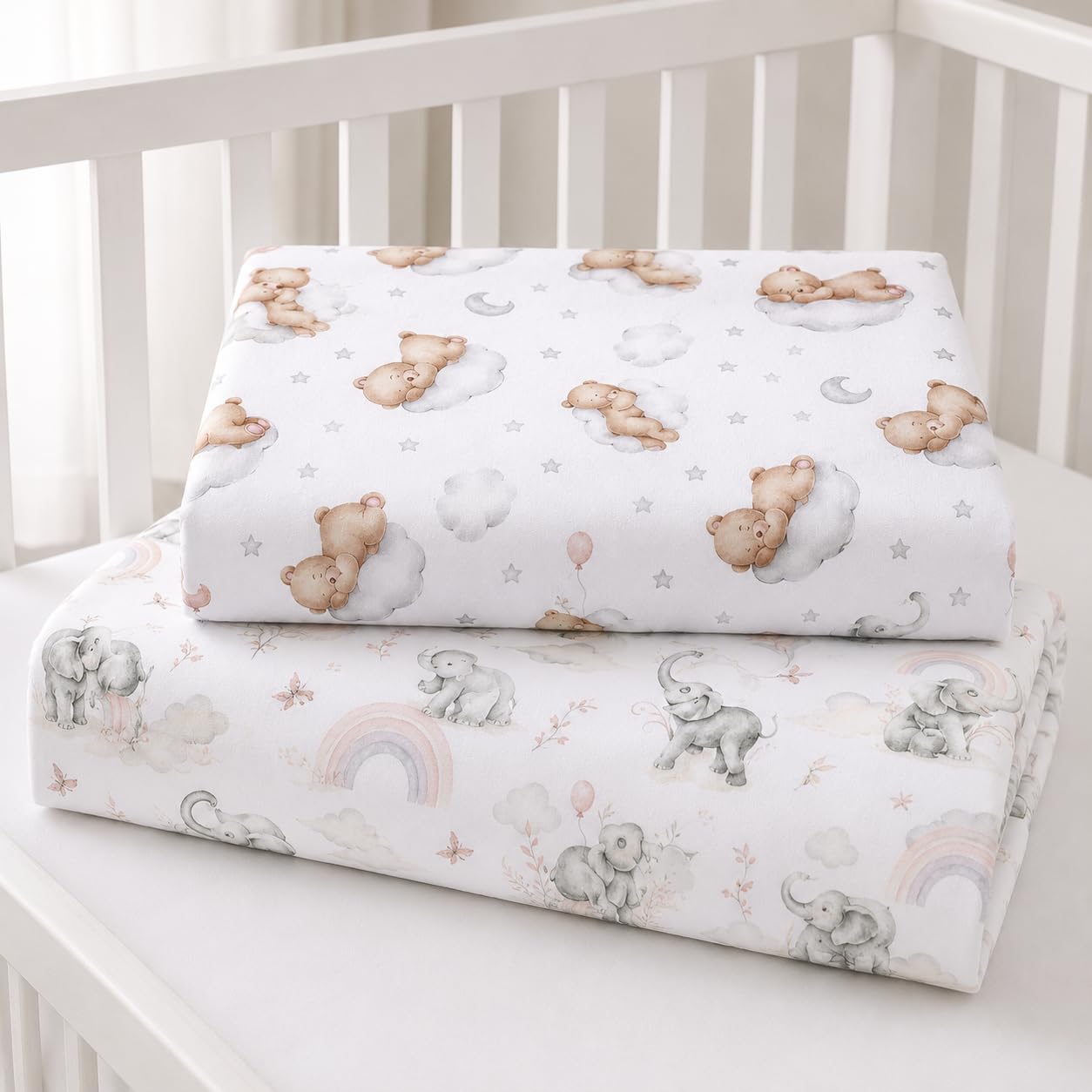 BABYMAM 2 Pack 100% Cotton Printed Fitted Cot Bed Sheets 120x60 cm Soft Breathable Elasticated Baby Cot Sheets Assorted Designs, Cloud dreams & Elephant in the cloud