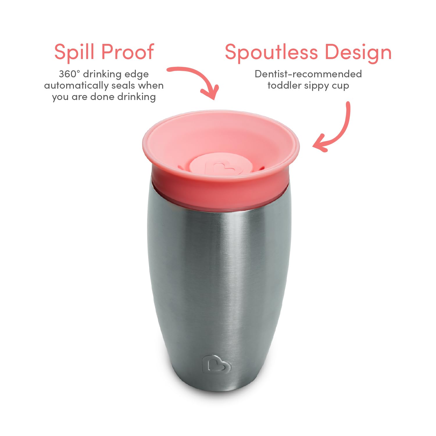 Munchkin Tasse Miracle 360 en Acier Inoxydable | Tasse Bébé & Tout-Petits Sans BPA | Idéale pour le Sevrage | Tasses Enfants Leakproof | 12+ Mois | 10oz/296ml | Rose