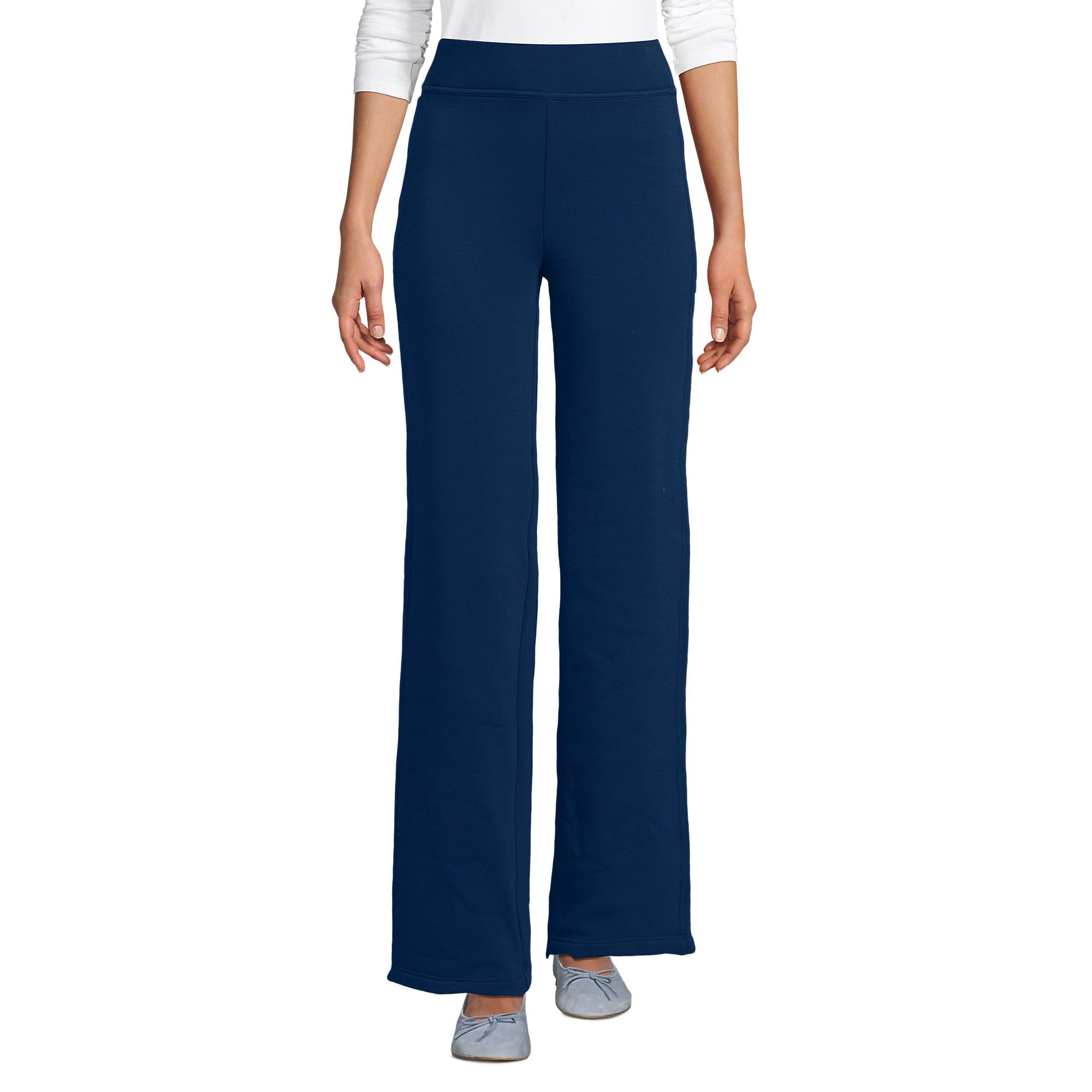 Lands End Womens Serious Sweats High Rise Fleece Lined Straight Leg Pants Large Deep Sea Navy