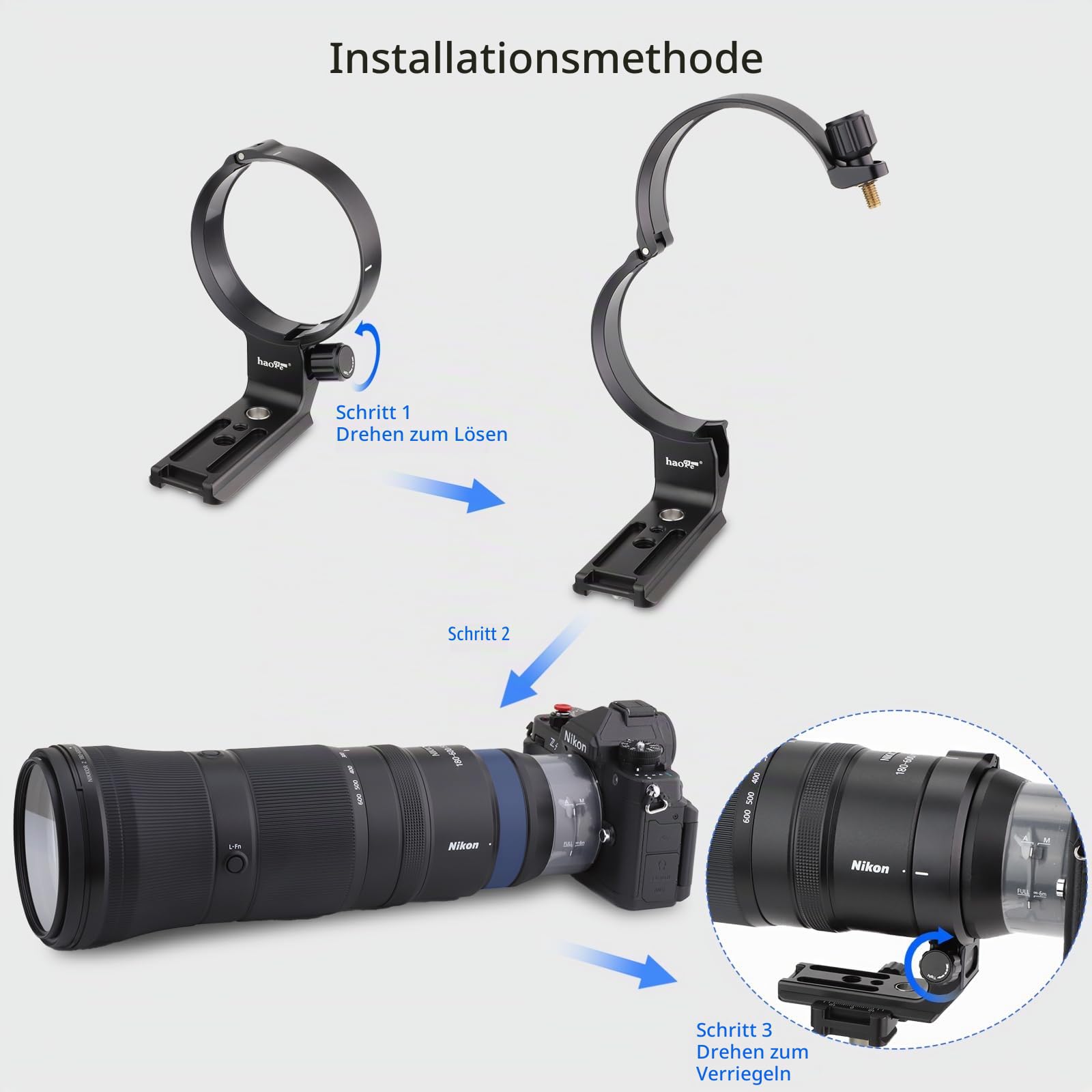 Haoge LMR-Z186 Stativ-Halterungsring für Nikon Nikkor Z 180–600 mm f/5.6–6.3 VR Objektiv-Kragenhalterung, integrierte Arca-Typ-Schnellwechselplatte