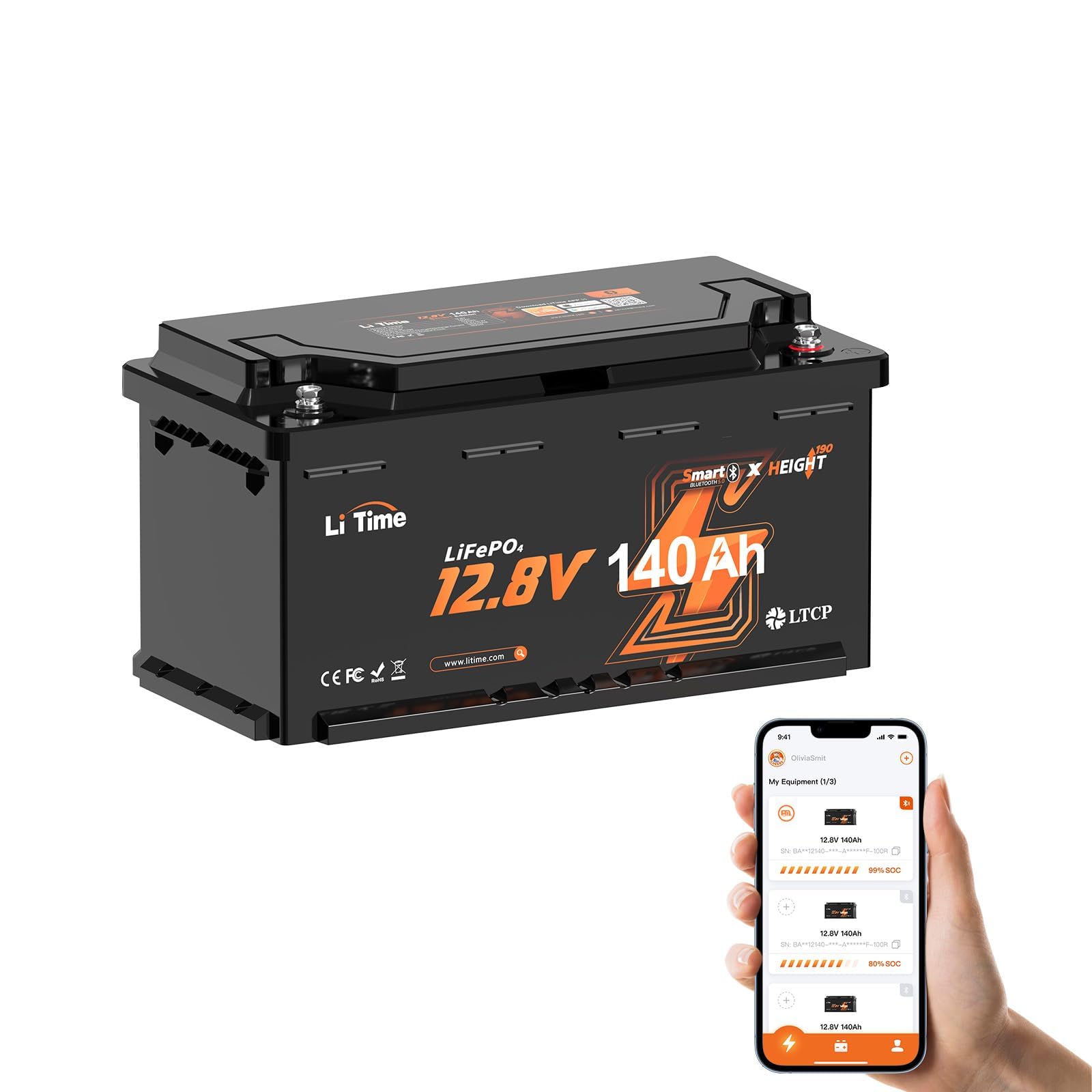 LiTime LiFePO4 12V 140Ah H190 Lithium Batterie Bluetooth, Upgrade 150A BMS mit Niedrigtemperaturschutz, 1792Wh Energie, Max. 15000 Deep Cycle Batterie für Wohnmobile, Boot, Off-Grid, Camping