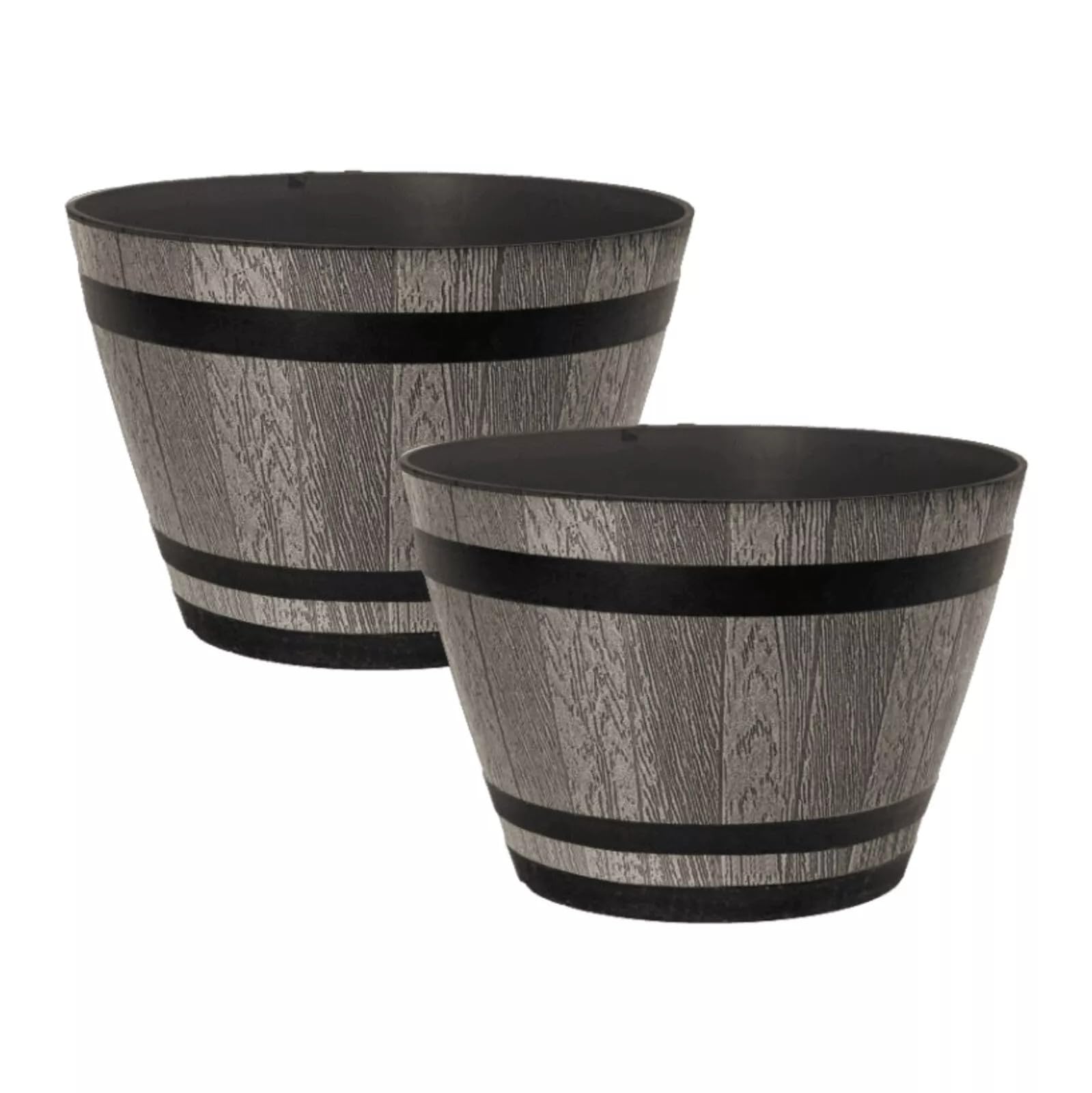 Fyne-Finds Brown Ash Set Of 2 Plastic Whiskey Barrel Planter 30Cm, 12Inch 9L Outdoor Garden Decor Plant Pot With Drainage Holes