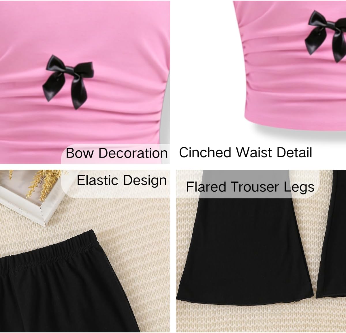 Girls Clothes 2 Piece Short Sleeve Lace Bow Print Tops Flared Pants Set Little Girl Outfits Size 7-14