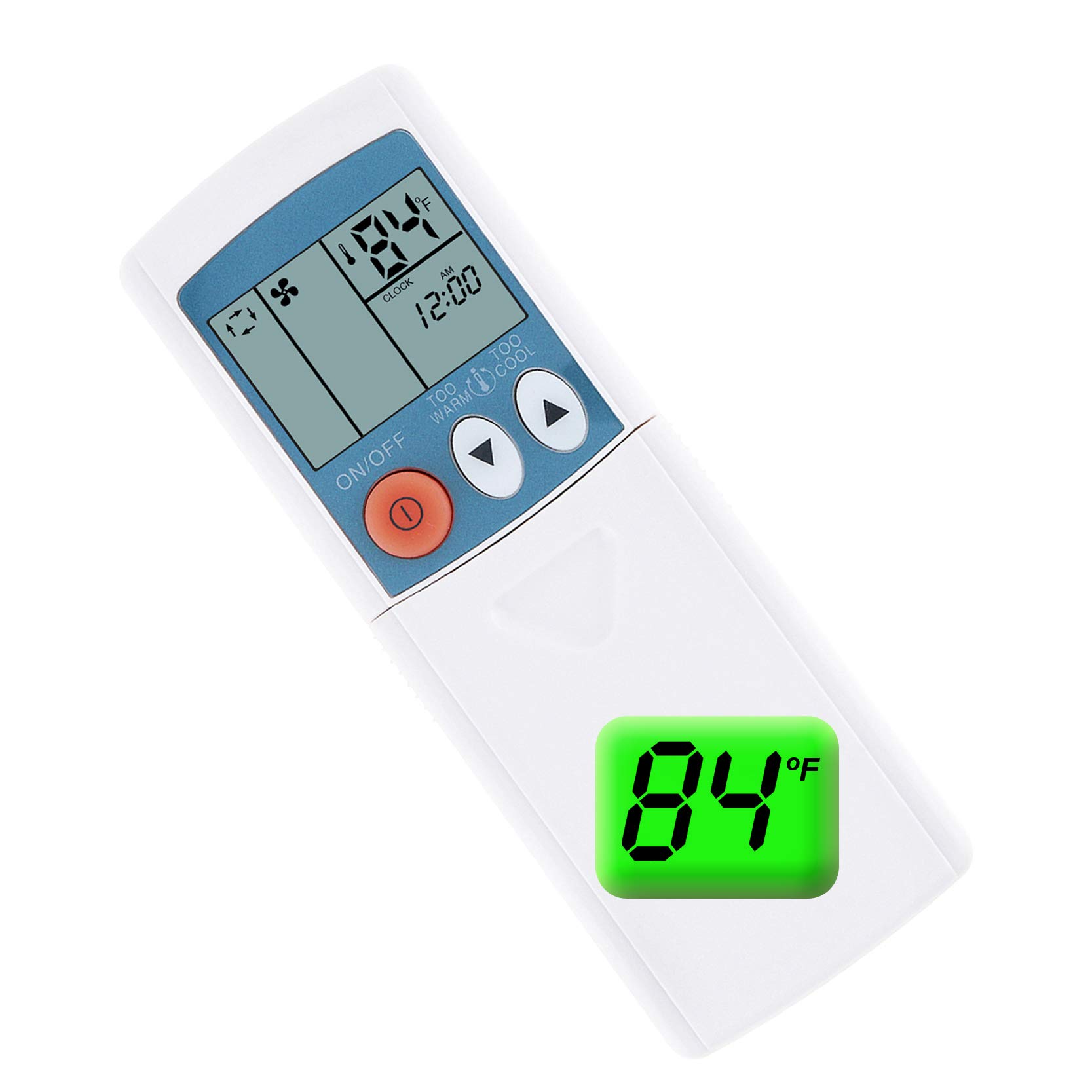 Davanti view of the remote control with main buttons and LCD screen