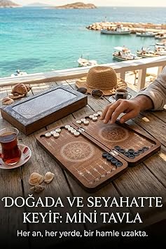 Mini Tavla Seti Kompakt Taşınabilir Çantalık Ceviz Renk Eskitme Stil Tavla Hediyelik 2 Adet Tabak Altlığı