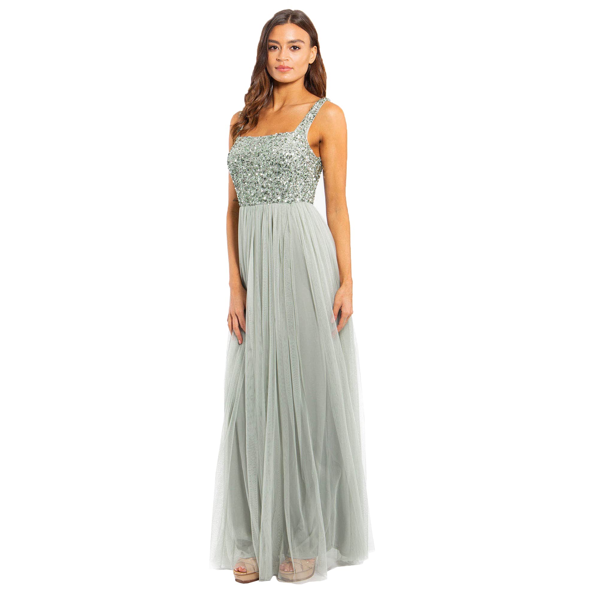 Maya Deluxe Women's Green Lilly Maxi Dress Wide Straps Sleevless Square Neckline Embellished For Wedding Guest Prom Bridesmaid, Green Lily, Size 18