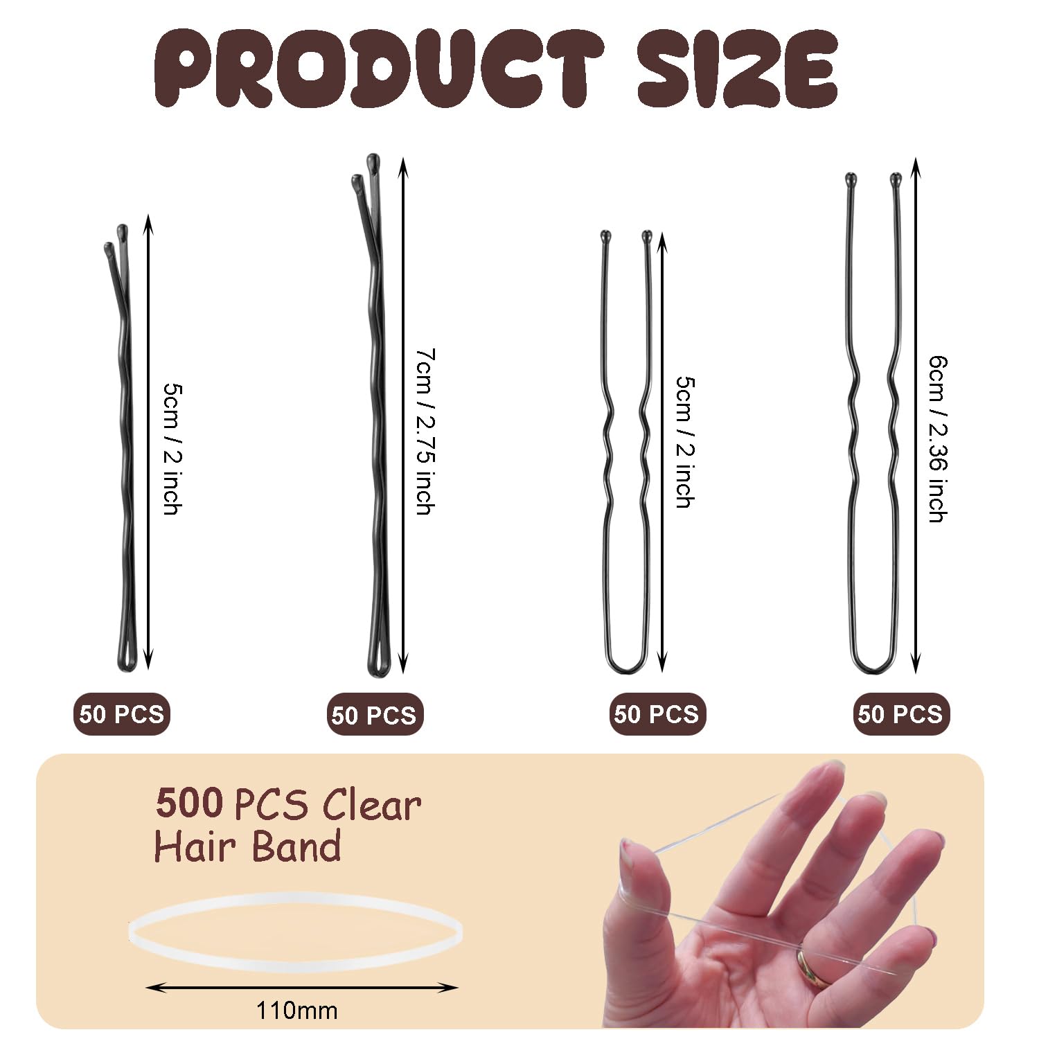 700PCS Bobby Pins Hair Pins for Women & Girls, 100 Bobby Pins Black, 100 U-Shaped Pins, 500 Elastic Bands - Image 2