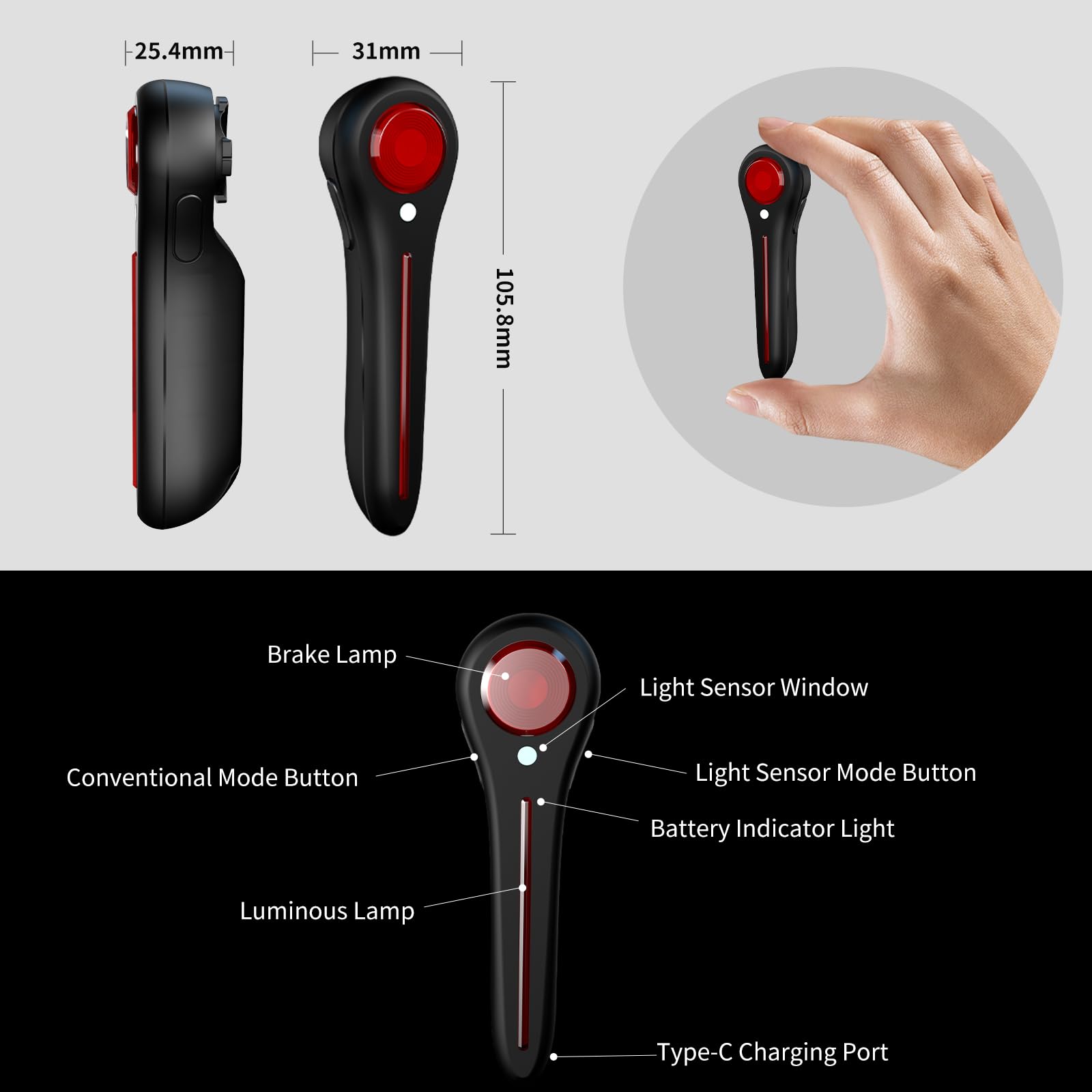mua&mua Luce Posteriore Bici LED, 6 Modalità di Illuminazione, Ricarica USB-C, 60 Ore di Autonomia, Impermeabile IP65