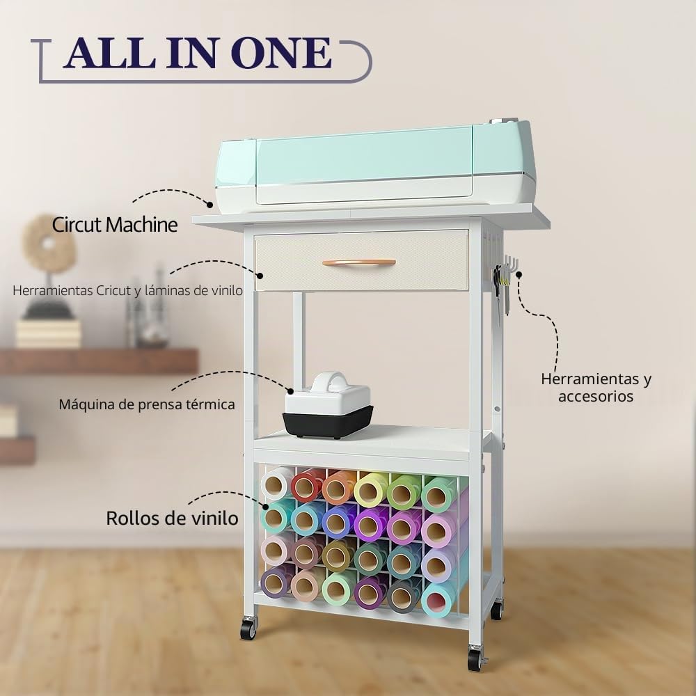 Organizadores y Almacenamiento Compatibles con Máquinas Cricut, Carrito de Almacenamiento para Manualidades con Cajón, Mesa para Manualidades con Soportes para Rollos de Vinilo, Estación de