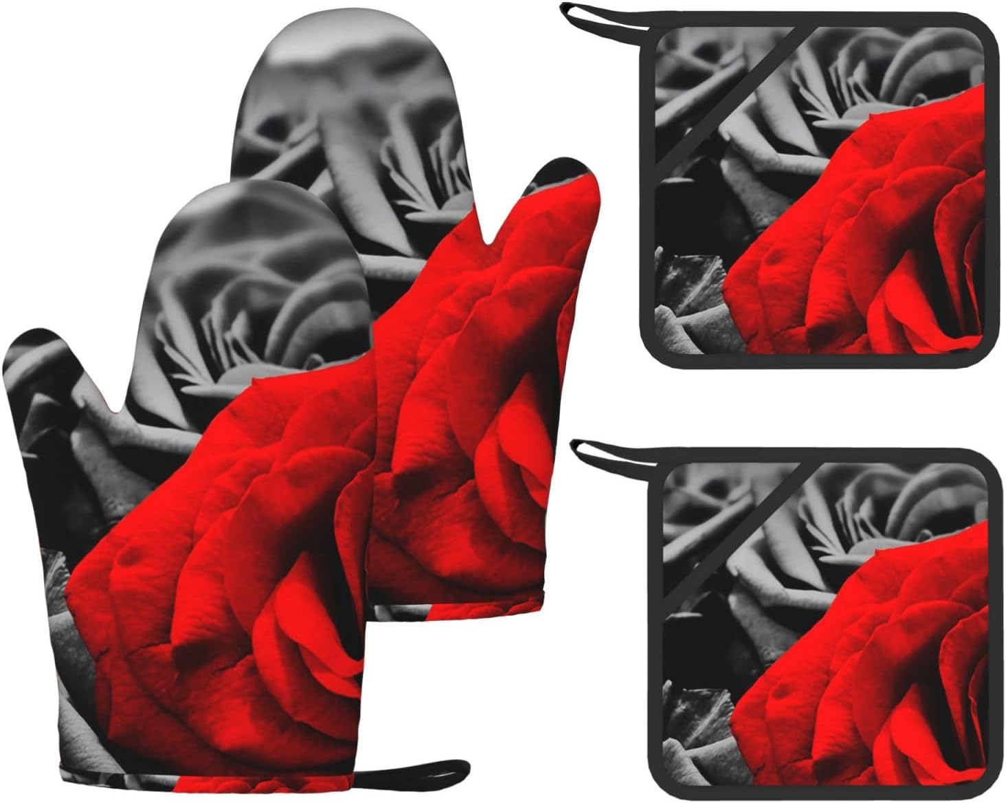 Black White and Red Roses Oven Mitts and Pot Holders Set of 4 Heat Resistant Kitchen Gloves with Silicone Palm Hot Pads for Baking Cooking Grilling BBQ