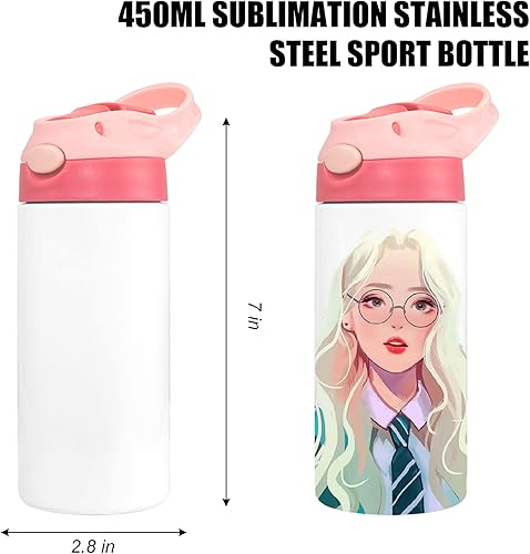 Miniatura 2 de MR.R Vaso de sublimación de 15 onzas, tapa de color rosa con tapa roja de empuje hacia arriba, botella deportiva de agua de pared de acero