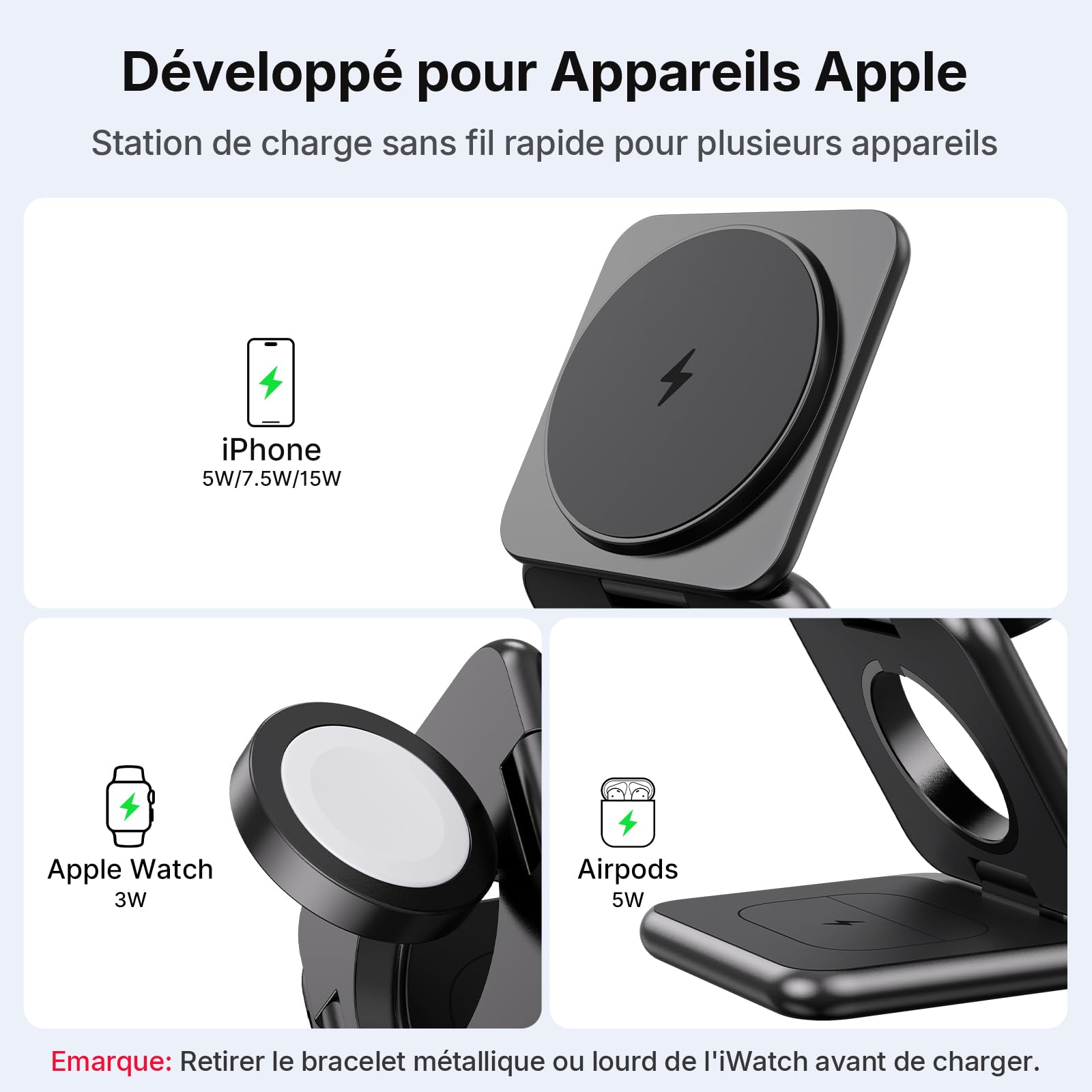 sans Fil Chargeur Induction, 3 en 1 Chargeur Magnétique [Alliage Zinc] Pliable Voyage Station de Charge for Apple iPhone 16/15/14/13/12/Pro/Max/Plus Apple Watch AirPods, Noir