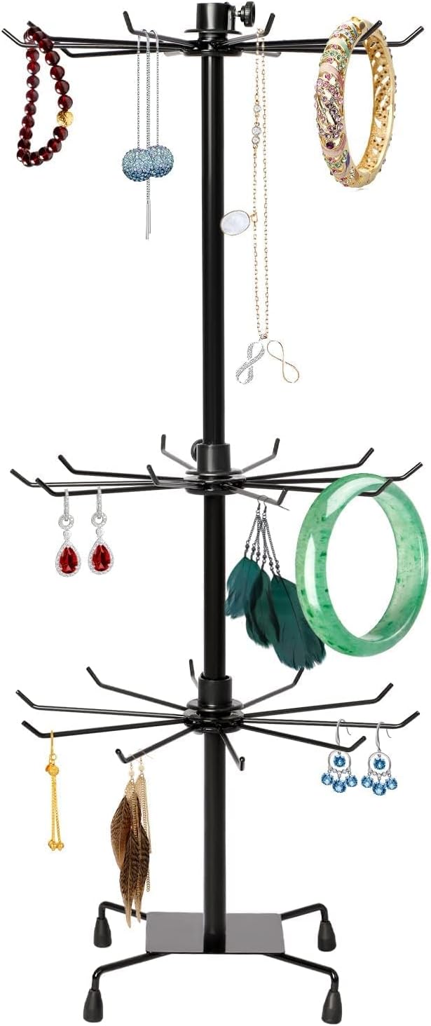 Rotating Metal Jewelry Organizer With Wood Base – Earring, Necklace & Watch Stand