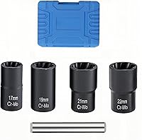 Shrandi 5PCS Lug Nut Remover Tool Set - 17/19/21/22mm CR-MO Steel Impact Bolt Extractors for 1/2" Drive Wrench, Rusted Wheel Locks