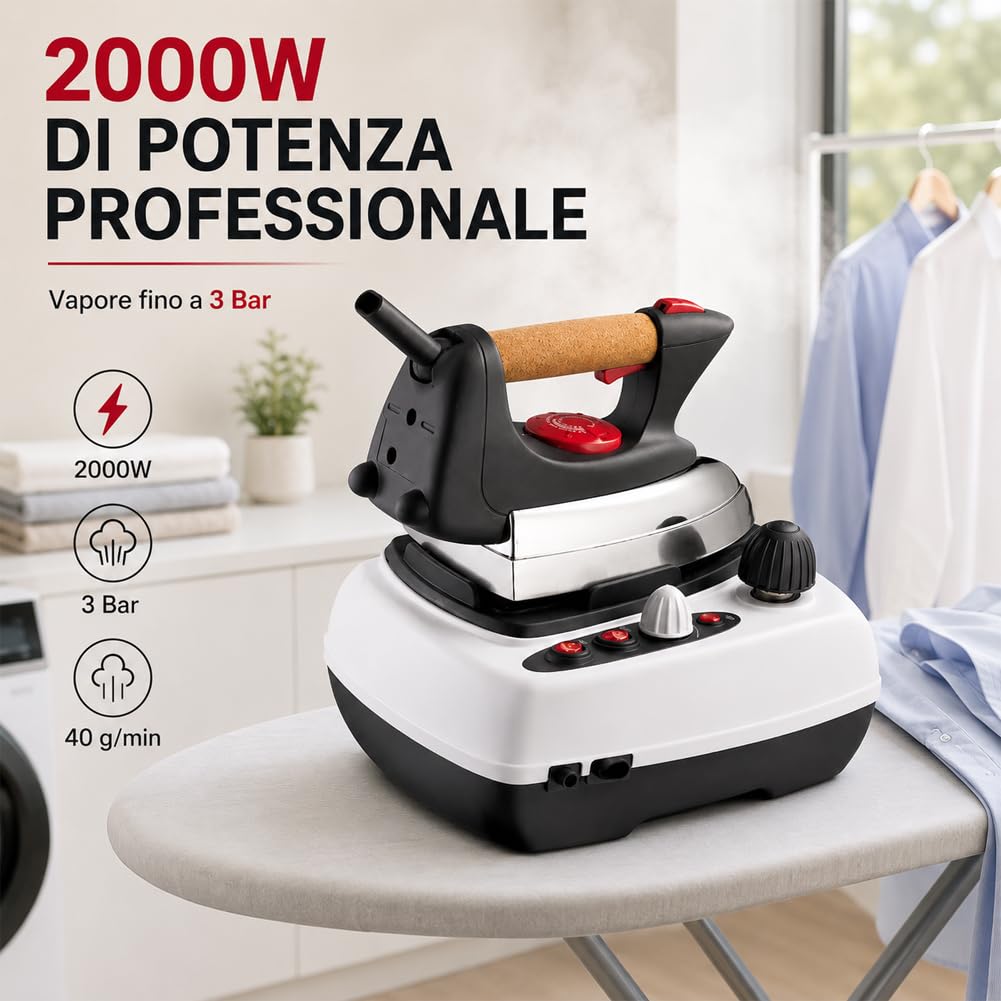 BAKAJI Ferro da Stiro a Caldaia DB8650 Potenza 2000W, Stirella con Capacità Serbatoio 700 ml e Generatore di Vapore, Pressione 3,0 bar, Impugnatura Ergonomica in Sughero, Regolazione della Temperatura